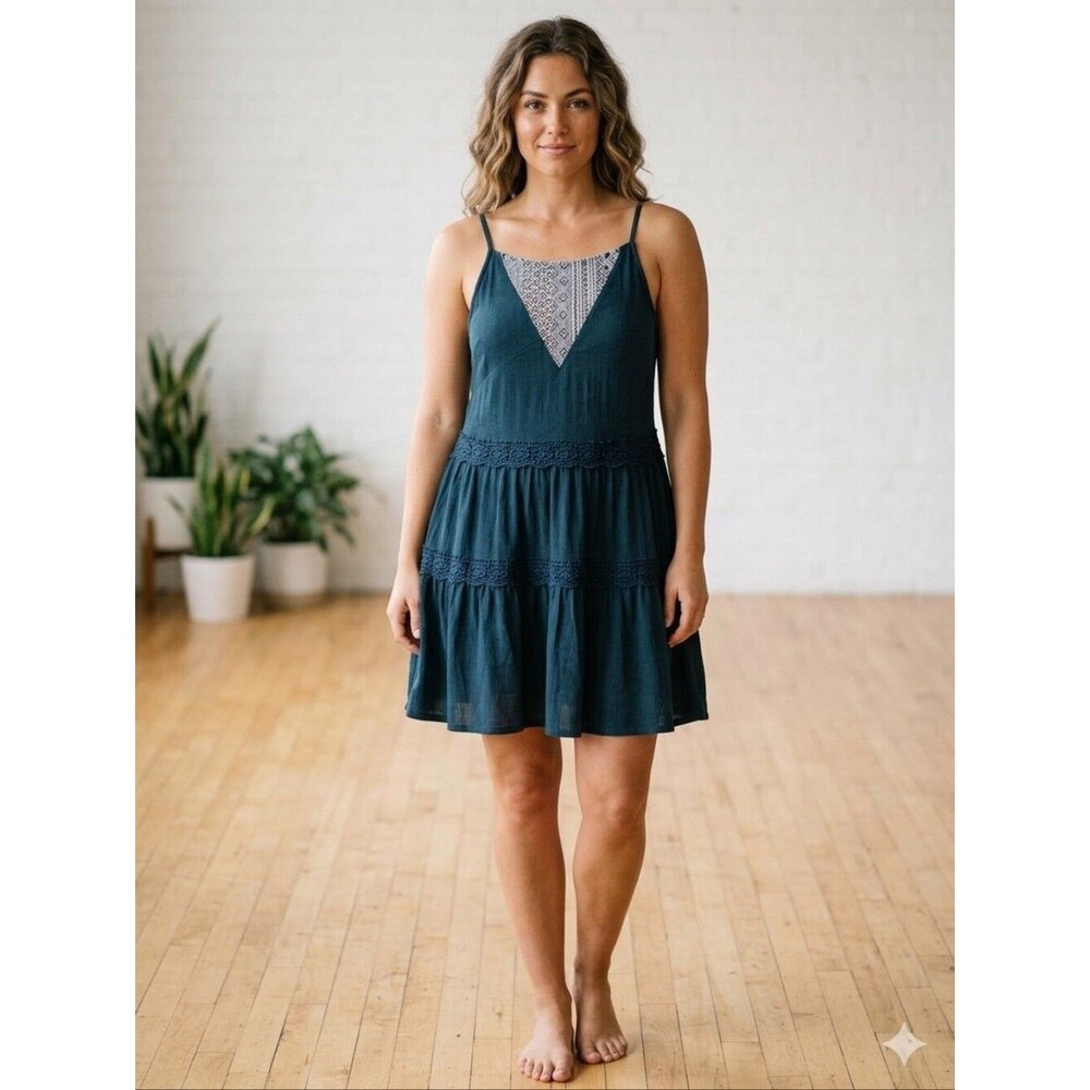 POL Black Lace Trim Boho Chic Babydoll Sundress - Tiered Boho Mini Size S